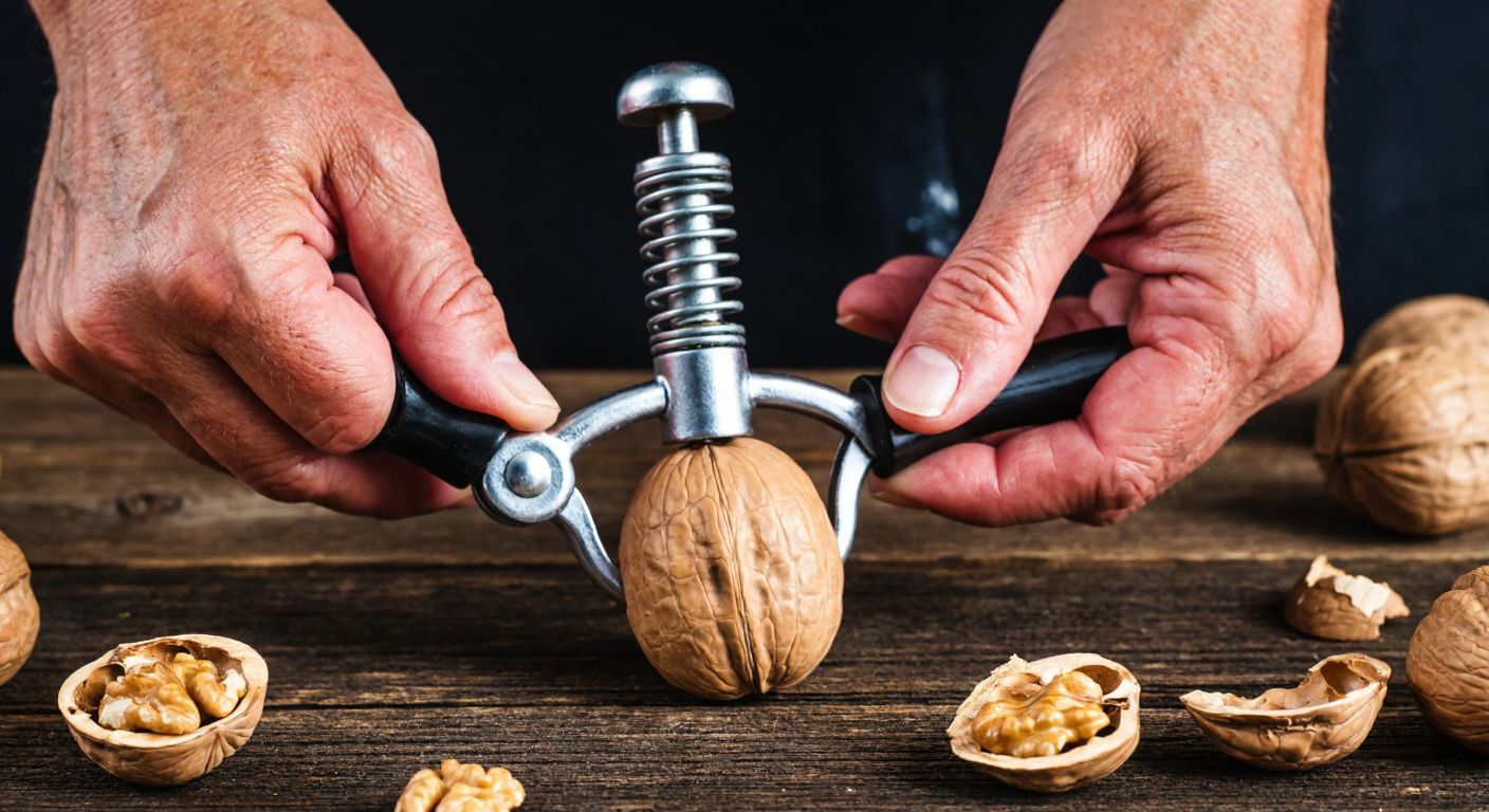 A close-up of weathered hands gripping a spring-loaded walnut cracker, pressing down on a brown-shelled walnut against a rustic wooden table, with cracked walnut shells scattered nearby.