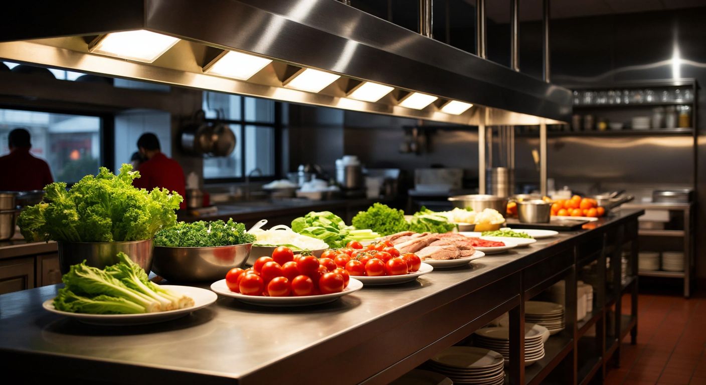 A gleaming stainless steel countertop in a bustling Turkish kitchen, reflecting warm light, with fresh ingredients neatly arranged on its smooth, spotless surface.
