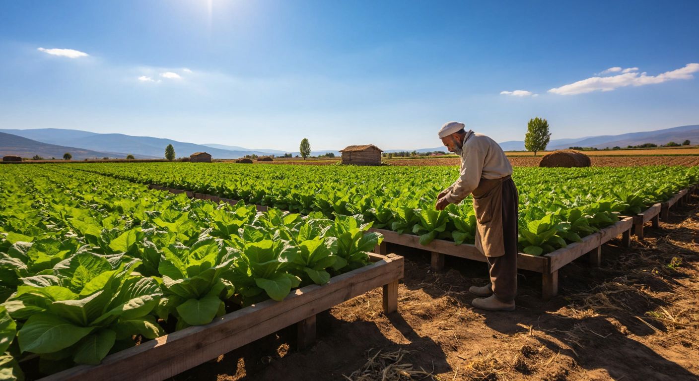 A sunlit rural Turkish field with freshly cut tobacco leaves spread on wooden racks, a weathered farmer in traditional clothing checking their dryness under a clear blue sky.