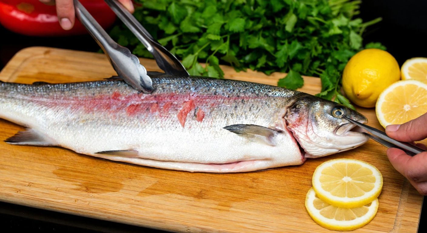 A close-up of a freshly cleaned trout on a wooden cutting board in a Turkish kitchen, with a hand holding tweezers removing a thin bone, surrounded by fresh herbs and lemon slices.
