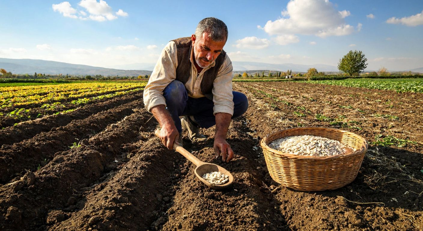 A Turkish farmer in a sunlit field kneels on freshly tilled soil, carefully planting pumpkin seeds with a wooden tool while a woven basket of seeds sits nearby.