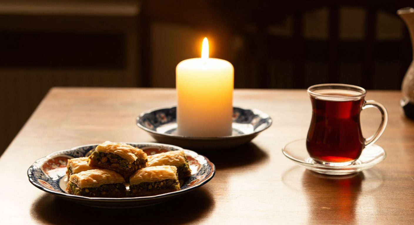 A warm, flickering candle on a wooden table in a cozy Turkish home, casting soft light on a decorative plate of baklava and a cup of çay, evoking relaxation and comfort.