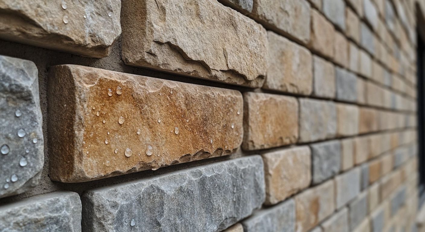 A sturdy, rain-soaked natural stone facade on a traditional Turkish building, with water droplets beading on its smooth, earthy-toned surface, reflecting durability and resilience.