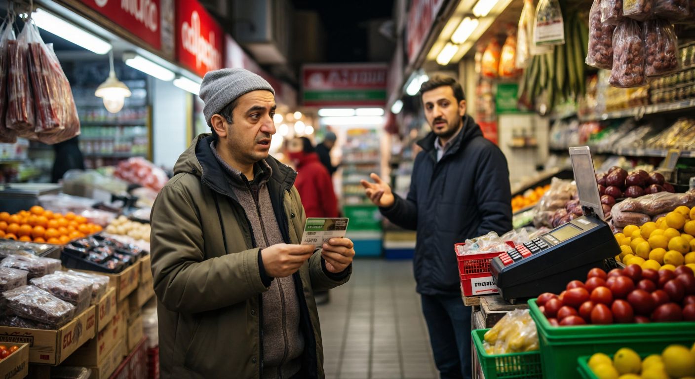 A frustrated customer in a Turkish market holds a declined bank card while a shopkeeper gestures toward a POS machine displaying an error.