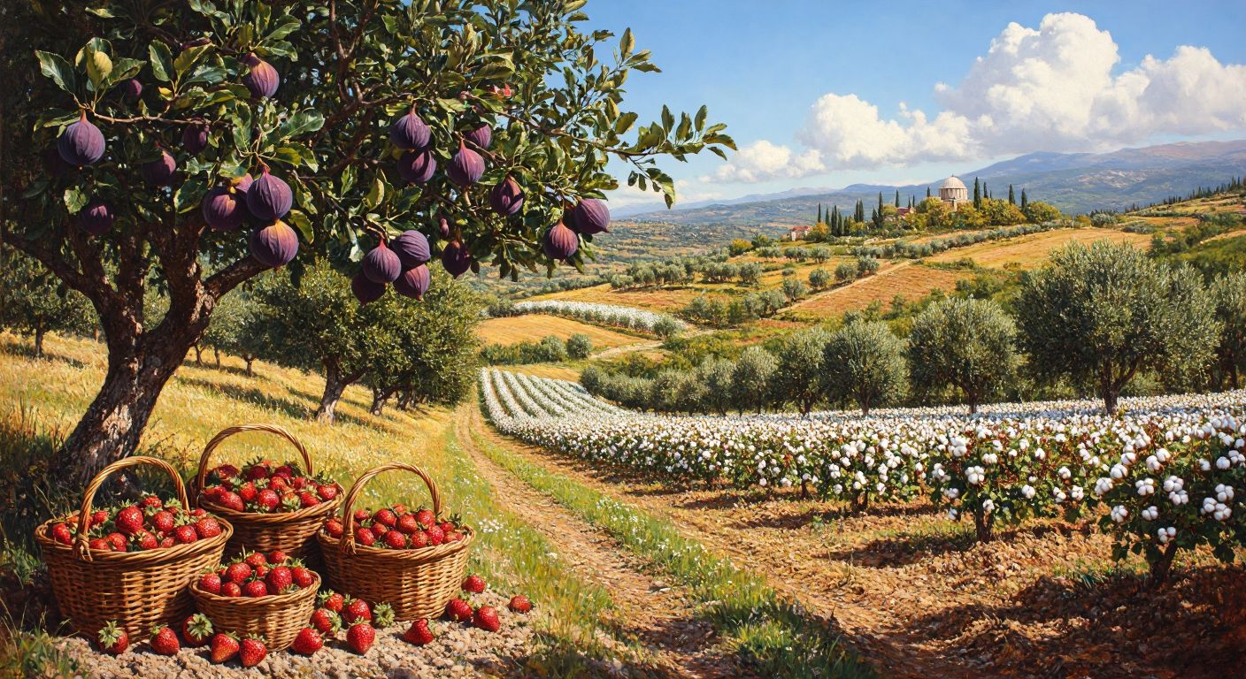 A sunlit Turkish countryside scene with lush fig trees heavy with ripe fruit, olive groves stretching into the distance, cotton fields dotted with white bolls, and baskets overflowing with chestnuts and strawberries.