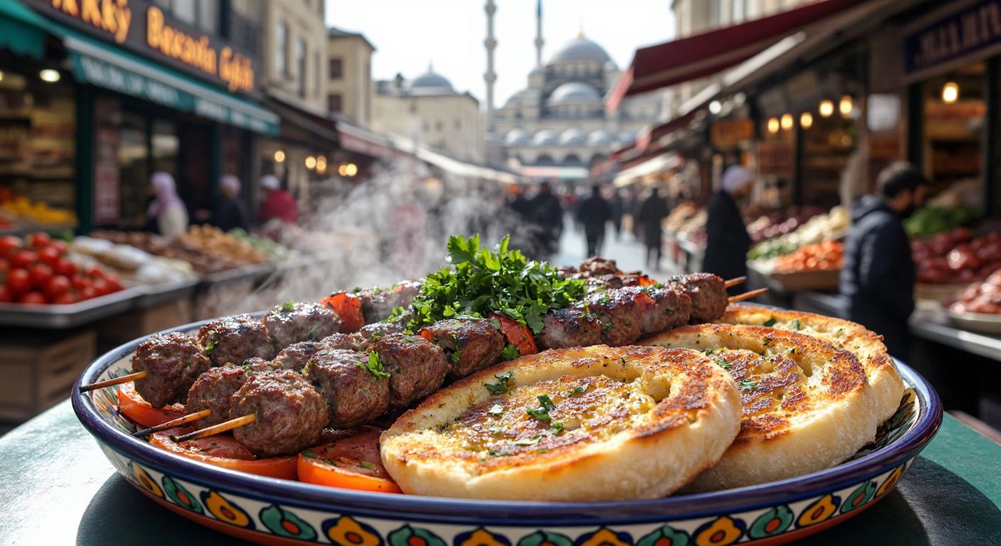 A steaming plate of richly spiced Turkish kebabs with golden-brown bread and fresh herbs, placed on a colorful ceramic plate against a backdrop of a bustling Istanbul bazaar.