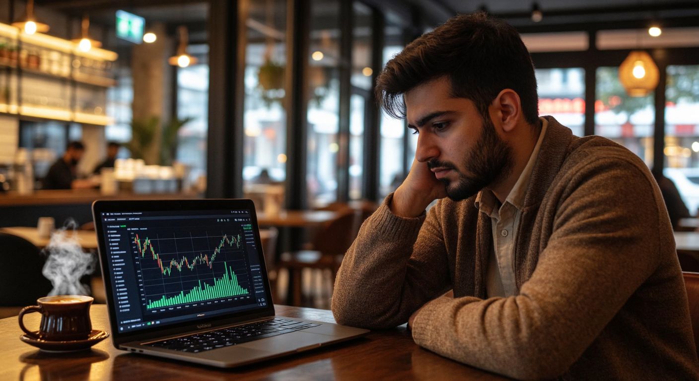 A focused trader in a modern Istanbul café, eyes locked on a laptop screen displaying fluctuating graphs, with a steaming cup of Turkish coffee beside them, embodying strategic decision-making in finance.