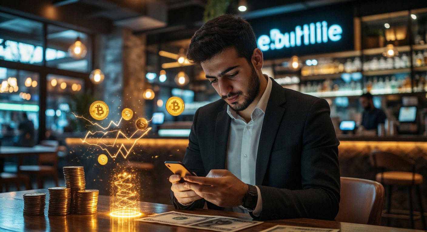 A young Turkish professional in a modern café confidently taps their smartphone, surrounded by visual metaphors of banking—a floating gold coin, a stack of bills, a glowing electricity bill, and a miniature growing graph, all bathed in warm, trustworthy blue light.