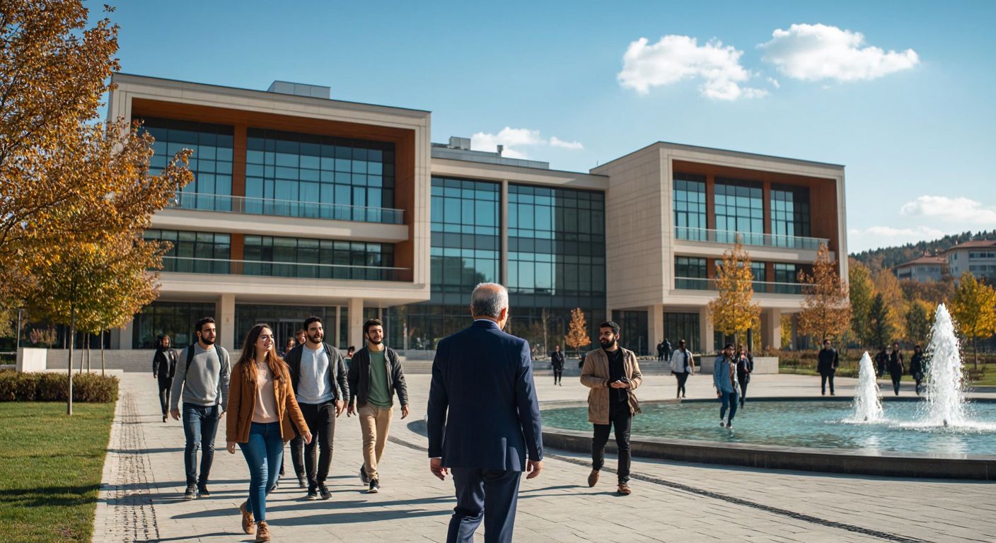 A modern university campus in Kocaeli with a group of diverse students walking past a signless building, under a bright blue sky, with a distinguished Turkish man in a suit (representing Dr. Talip Emiroğlu) speaking to faculty members near a fountain.