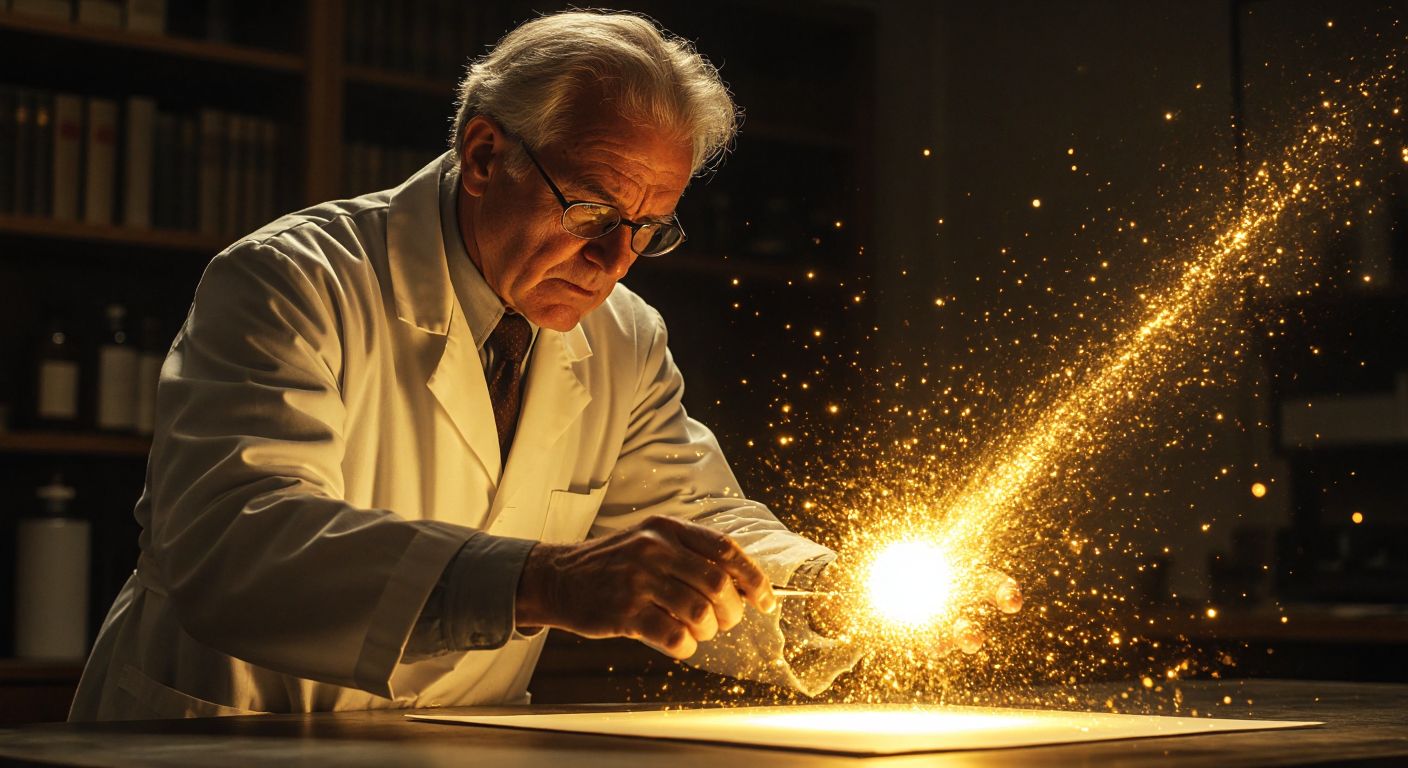 A focused elderly scientist in a vintage lab coat observes glowing alpha particles scattering off a thin gold foil, with some particles deflecting sharply while most pass straight through, revealing the dense nucleus at the center.