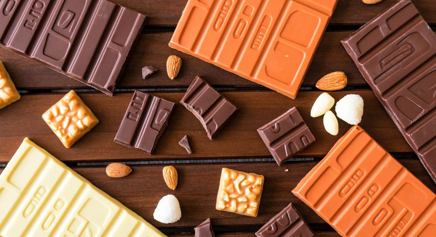 A vibrant wooden table displays an assortment of Tony's Chocolonely chocolate bars—milk, dark, and white varieties—with broken pieces revealing caramel swirls, almond chunks, and popping candy, evoking indulgence and texture.