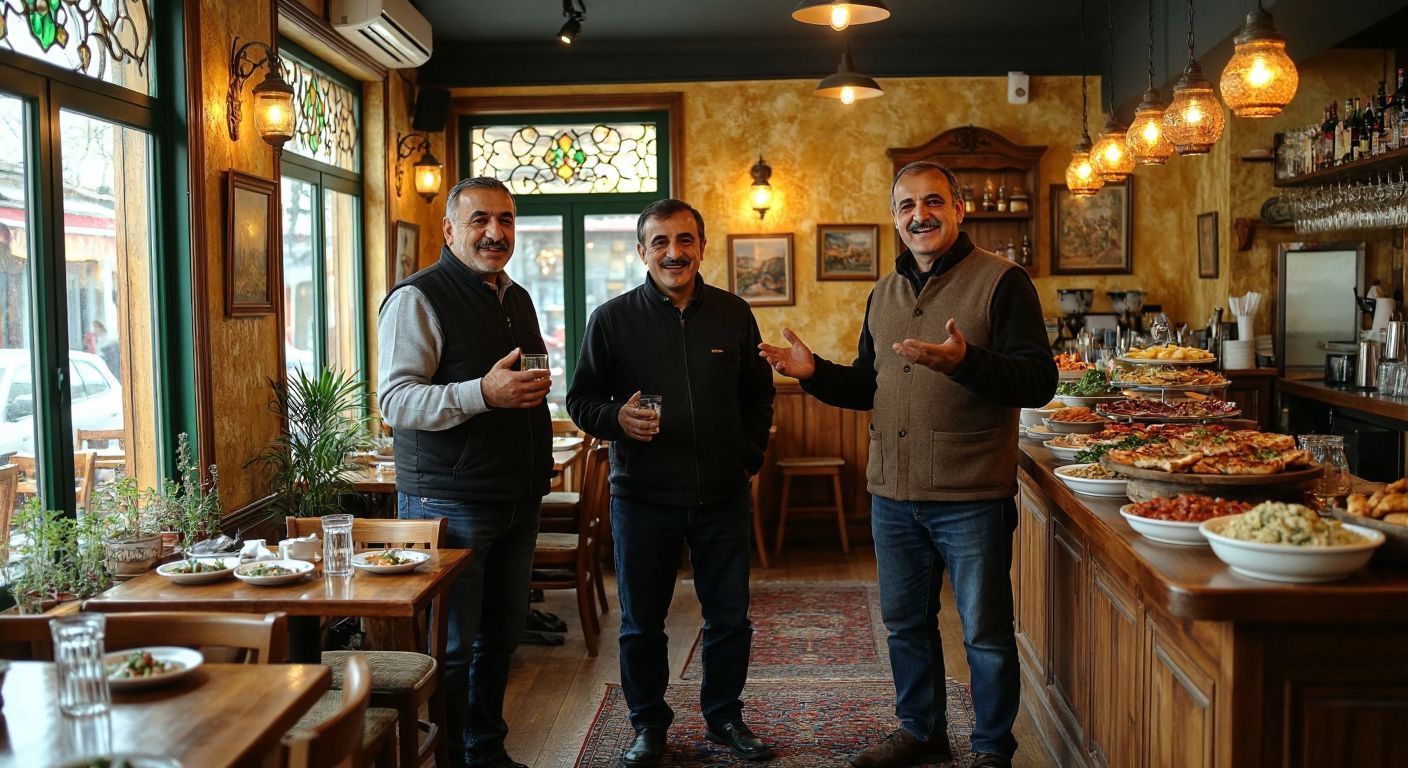 A cozy, warmly lit traditional Turkish meyhane with wooden tables, golden-hued walls, and two middle-aged men—one with a friendly smile and the other gesturing hospitably—standing proudly near a counter lined with meze plates and rakı glasses.