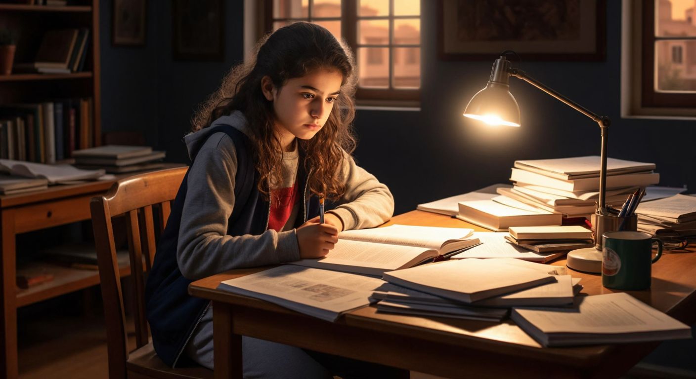 A focused Turkish middle-school student sits at a wooden desk, surrounded by open social studies textbooks and scattered practice test papers, with a determined expression under the warm glow of a study lamp.