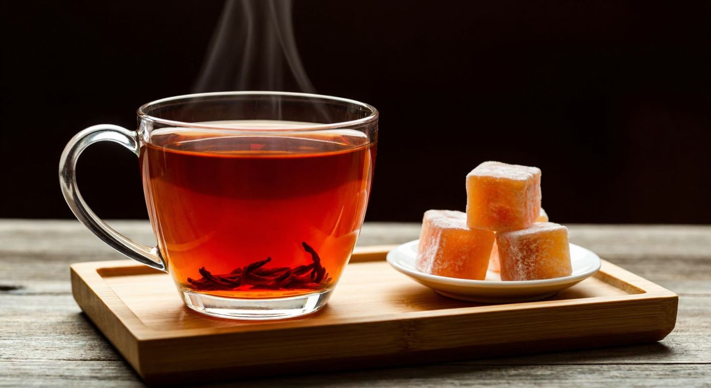 A steaming glass cup of vibrant reddish-brown Ceylon tea with long, curled leaves, resting on a wooden tray beside a small plate of Turkish delight, evoking warmth and satisfaction.