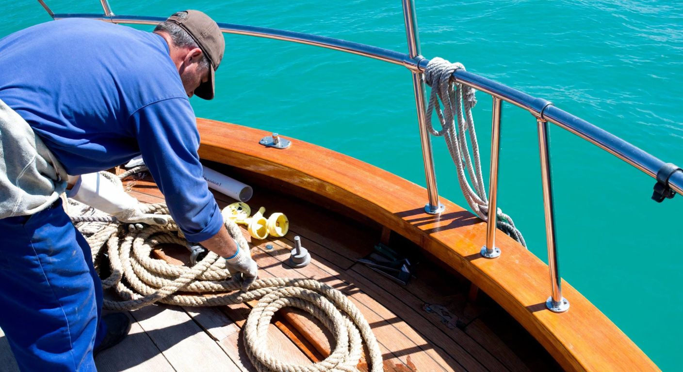 A sunlit wooden boat docked on turquoise water, with a craftsman in a blue apron carefully securing stainless steel railing posts to the deck using epoxy and screws, surrounded by coiled ropes and scattered tools.