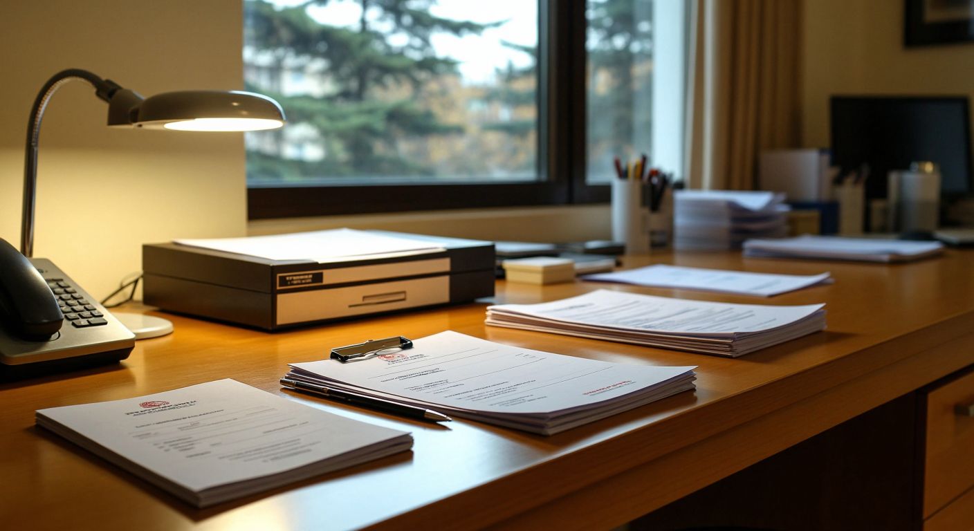 A neatly organized desk in a Turkish government office, with printed forms, a pen, and a small stack of documents including a bus ticket and a distance query printout, under soft fluorescent lighting.