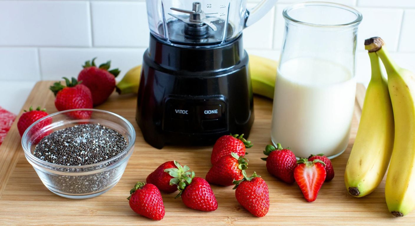 A vibrant Turkish kitchen counter with fresh ingredients like chia seeds, strawberries, a banana, and almond milk laid out beside a blender, ready to prepare a refreshing smoothie.