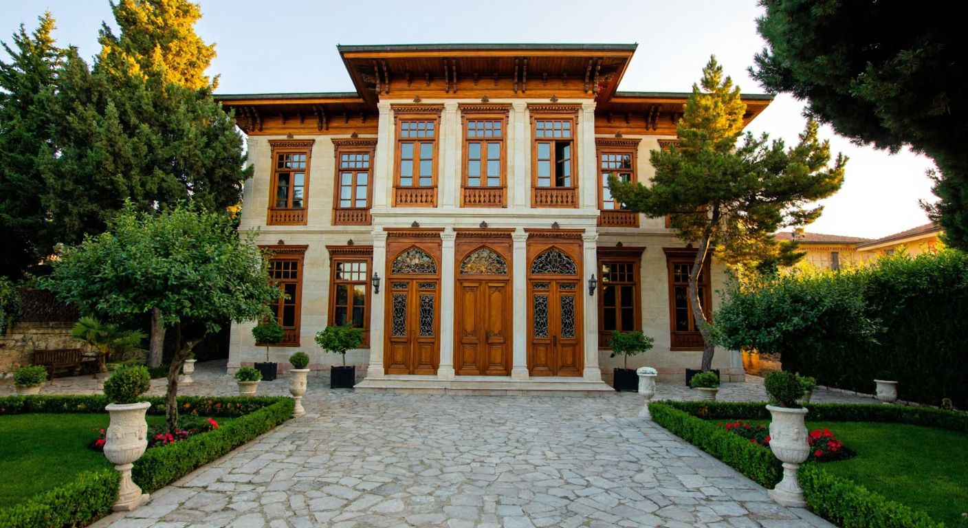 A grand Ottoman-era mansion with ornate wooden doors, surrounded by lush gardens and a cobblestone courtyard, evoking wealth and historical prestige.