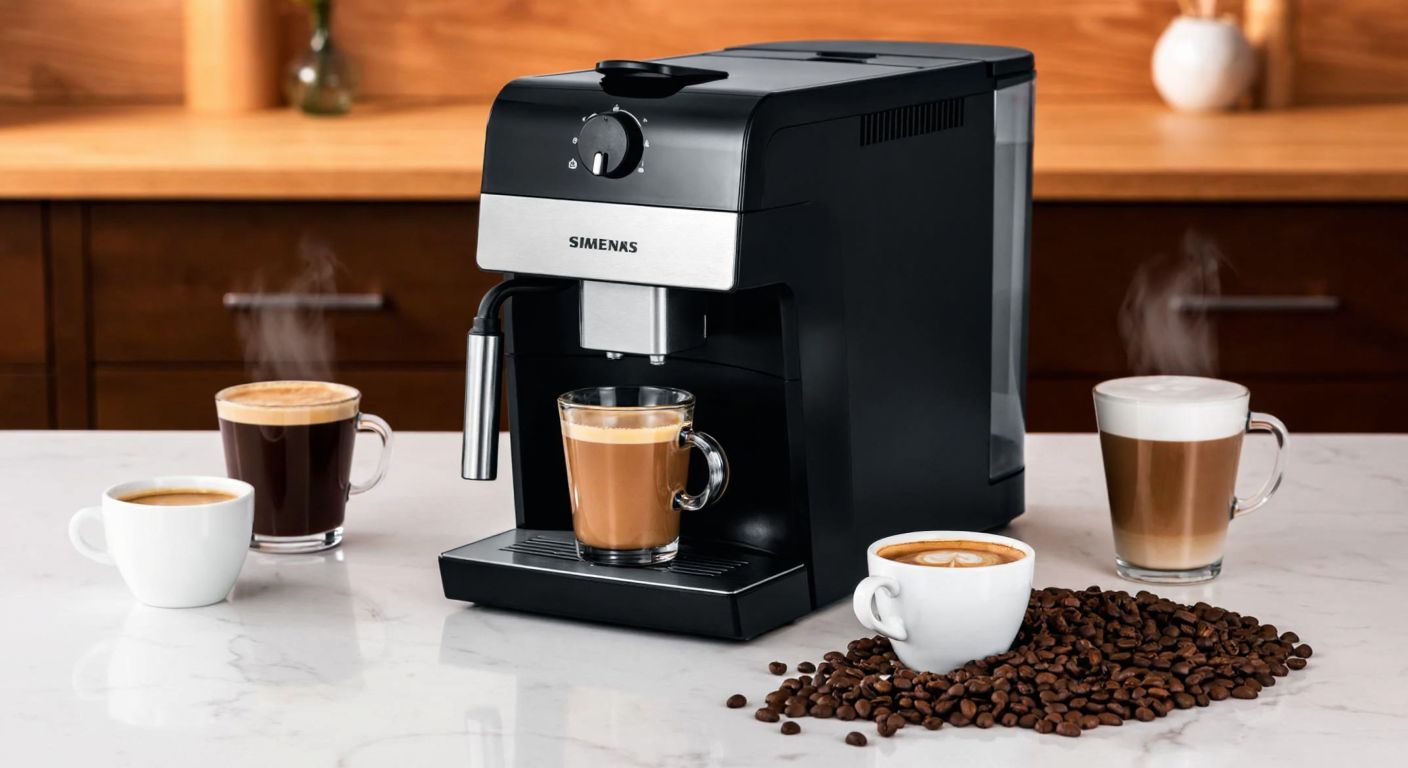 A sleek Siemens TK56004 coffee machine sits on a marble countertop, surrounded by steaming cups of espresso, cappuccino, and latte macchiato, with a warm glow reflecting off the dark Turkish coffee beans scattered nearby.