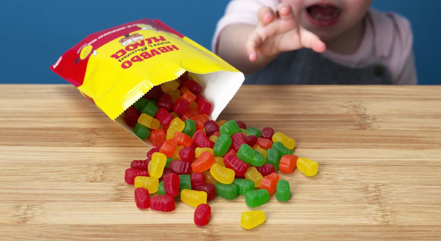 A small, colorful pile of Haribo Minis gummy candies spilling out of a torn 10-gram packet on a wooden table, with a child's hand reaching excitedly toward them.