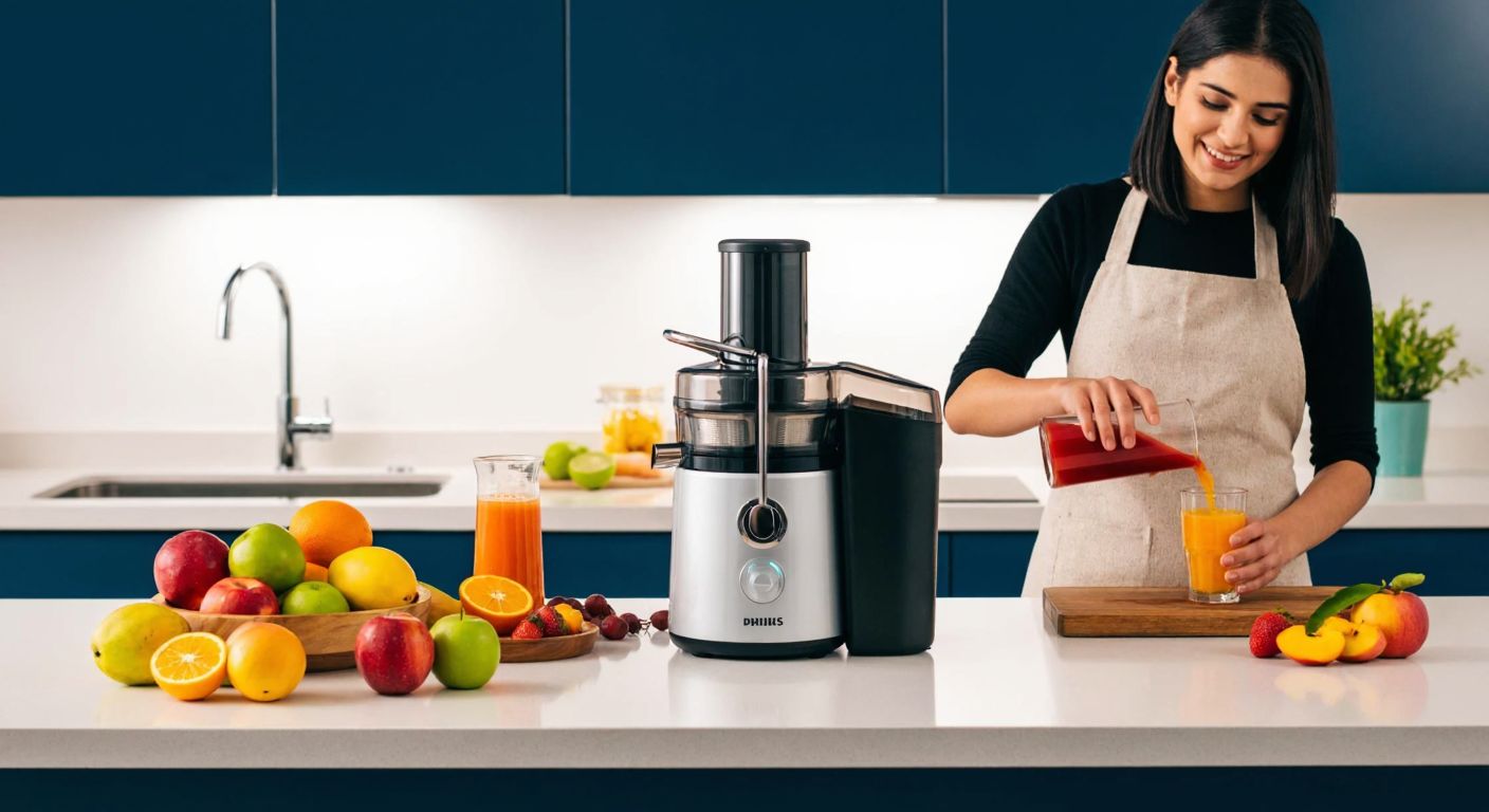 A modern Turkish kitchen with a sleek Philips juicer on the counter, surrounded by fresh fruits like oranges, apples, and mangoes, while a smiling woman in an apron pours vibrant juice into a glass.