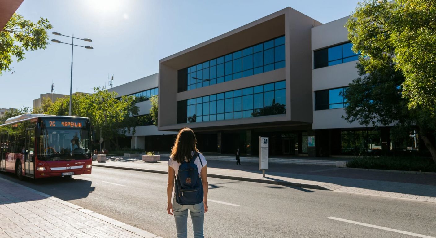 A young woman with a backpack stands on a sunny street in İzmir, looking at a modern university campus building with a signless entrance, while a city bus passes nearby.