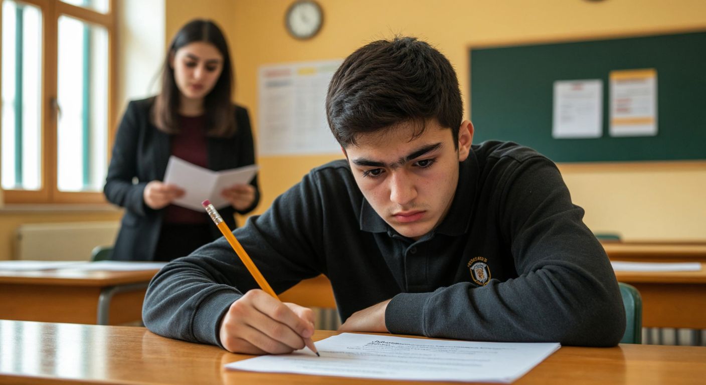 A nervous Turkish high school student sits at a wooden desk, gripping a pencil while an English exam paper lies in front of them, with a teacher in the background holding a listening test CD and a speaking rubric.