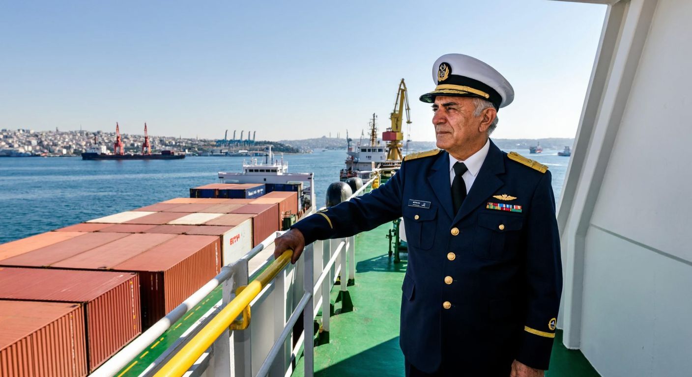 A proud elderly Turkish sea captain in a navy uniform stands on the deck of a cargo ship in Istanbul’s bustling harbor, gazing at the horizon with a backdrop of cranes and maritime activity.