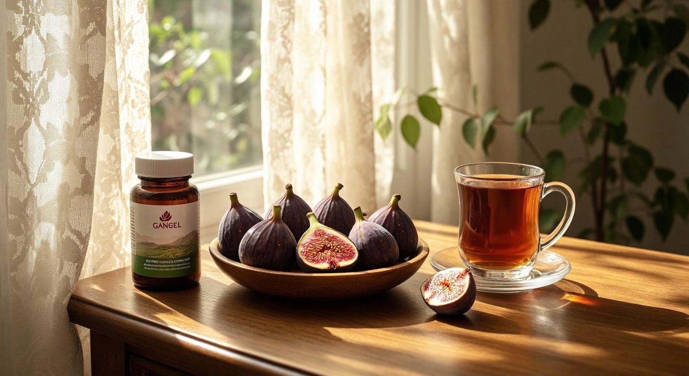 A neatly arranged wooden table in a Turkish home holds a bottle of Gano Excel supplements next to a small bowl of fresh figs and a glass of çay, with warm sunlight streaming through lace curtains.