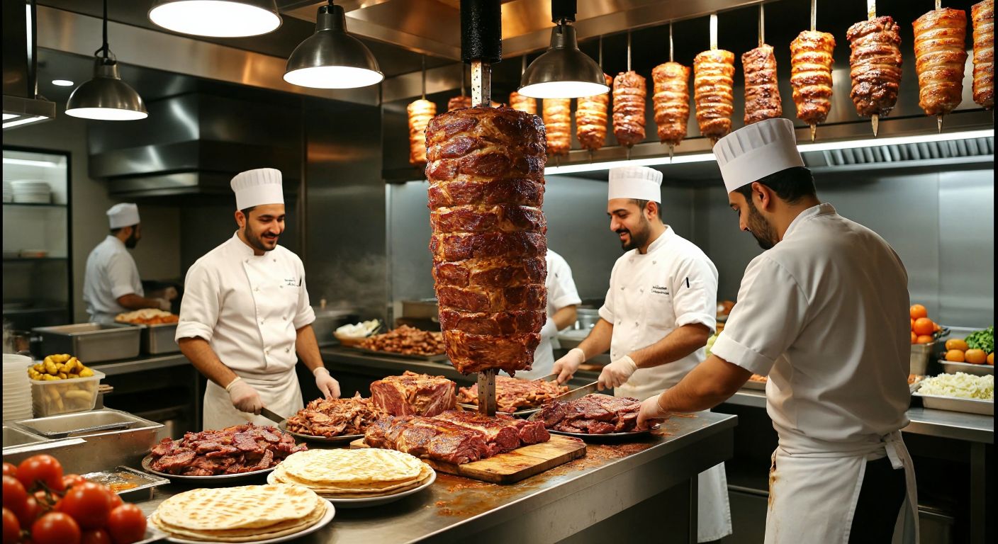 A bustling Turkish döner restaurant with a large vertical rotisserie stacked with juicy, golden-brown meat, surrounded by cheerful chefs in white uniforms slicing portions onto warm lavash bread, while customers wait eagerly at the counter.
