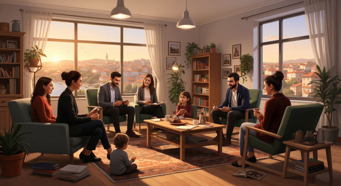 A warm, inviting office in Turkey with a diverse group of students and professionals discussing education plans over çay, while a therapist engages with a child in a cozy corner for speech therapy.
