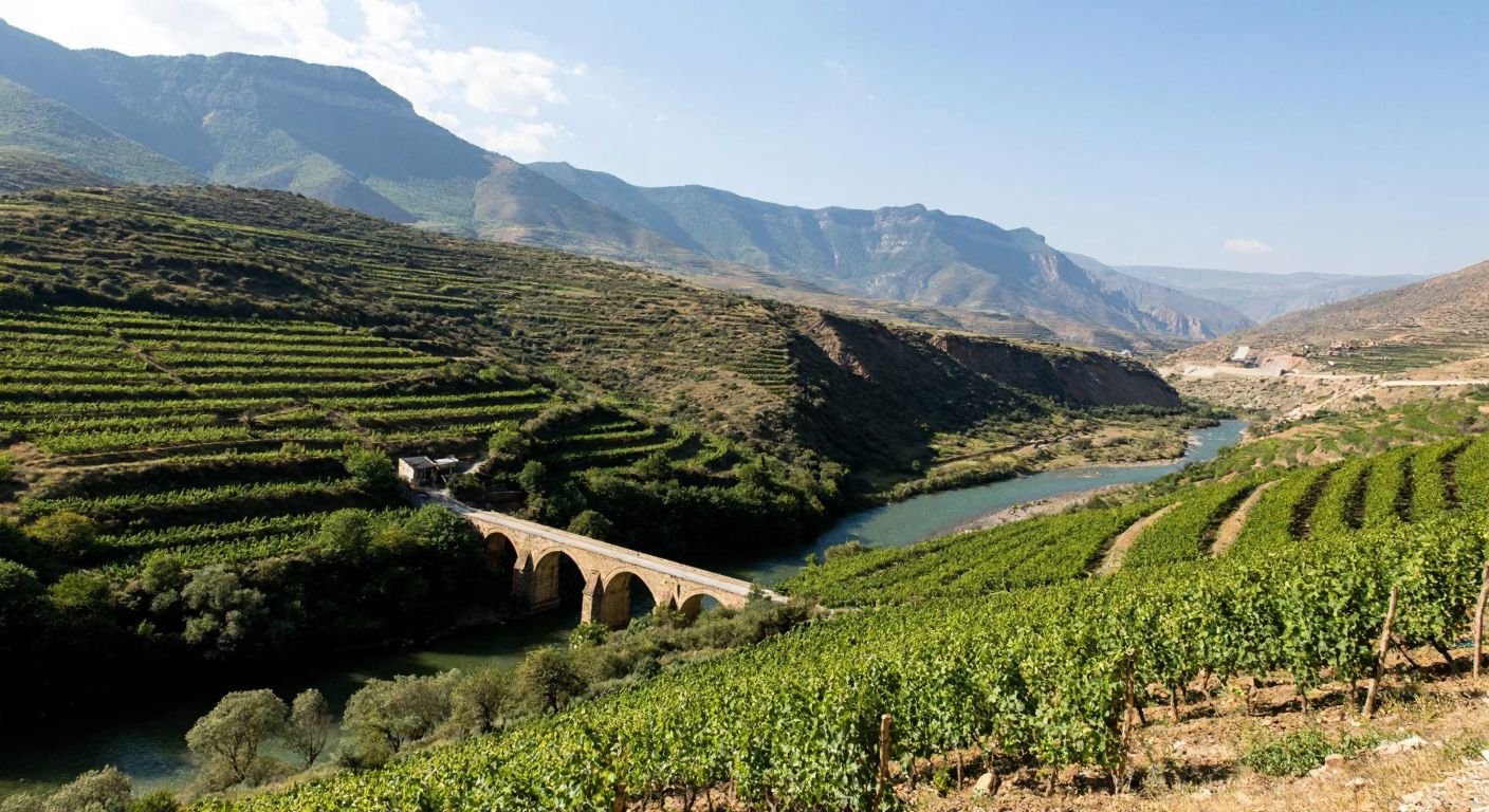 A lush mountainous landscape in Şirvan, Siirt, with terraced fields of walnut and grapevines, a historic stone bridge spanning a river, and a small copper mine in the distance, under a bright blue sky.