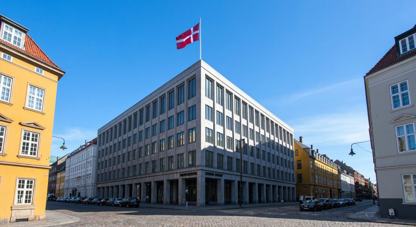 A grand, modern bank building with a red-and-white Danish flag flying atop, set against the cobblestone streets and colorful houses of Copenhagen.