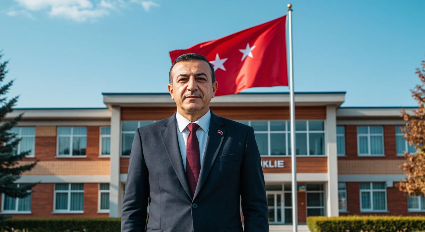 A distinguished Turkish man in a formal suit stands proudly in front of a modern school building with the Turkish flag waving gently in the background.