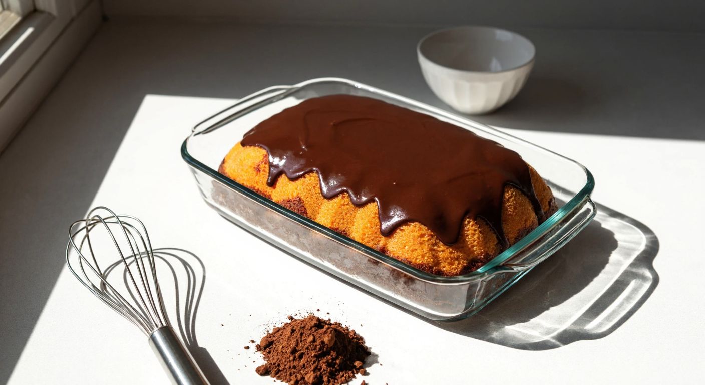 A golden-brown köstebek cake with a rich chocolate glaze sits in a rectangular glass baking dish on a sunlit kitchen counter in Turkey, surrounded by scattered cocoa powder and a whisk.