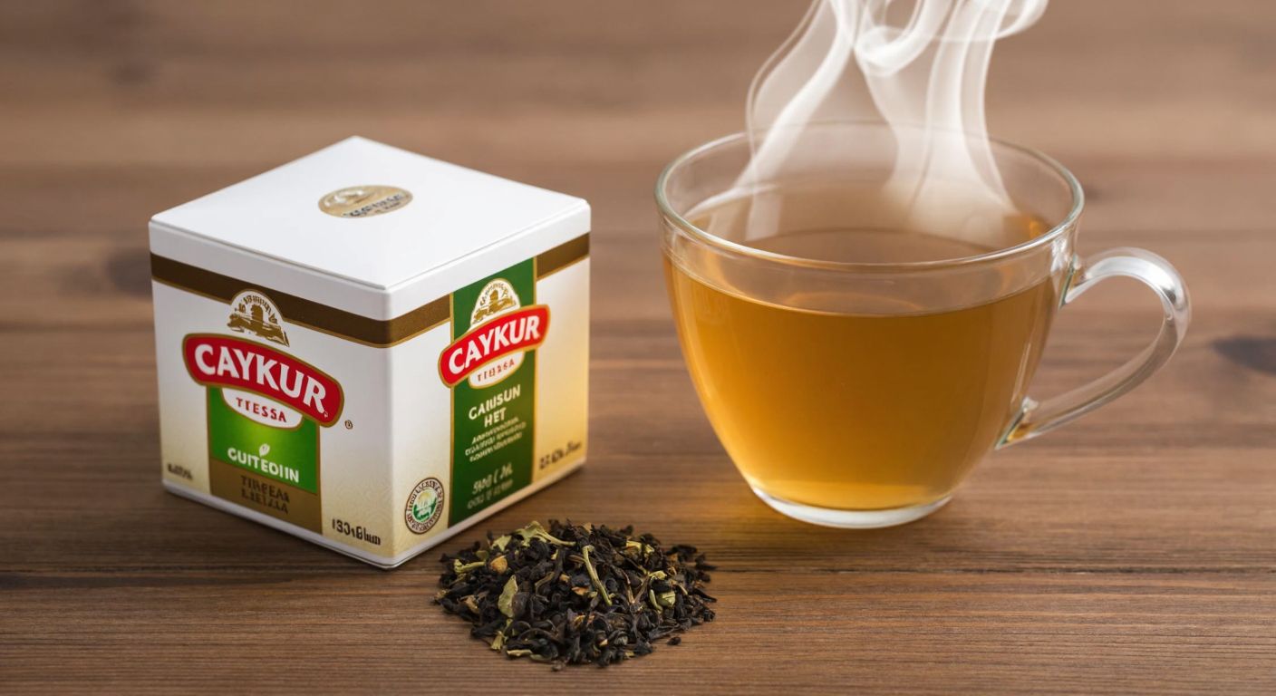A small white cardboard box of Çaykur tea resting on a wooden table beside a steaming glass cup of pale golden tea, with a few loose tea leaves scattered nearby.