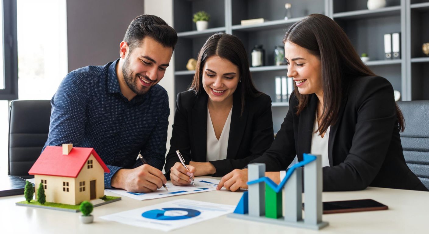 A Turkish couple smiling while signing documents with a banker in a modern office, surrounded by miniature houses and downward-trending graphs on the desk.