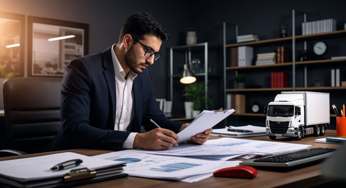 A focused Turkish accountant in a modern office reviews tax documents with a calculator, while a truck symbolizing freight transport and blueprints for consultancy services sit on the desk.