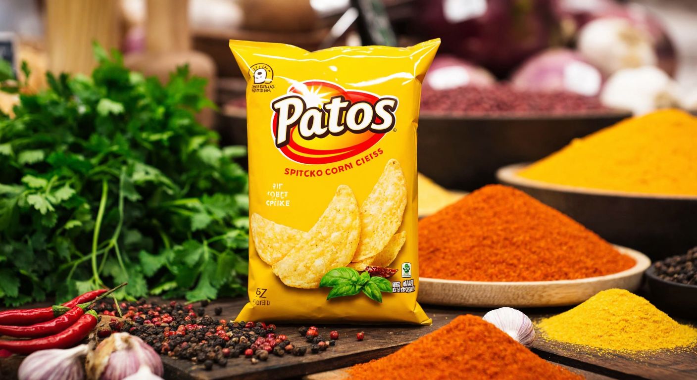 A vibrant yellow bag of Patos spicy corn chips sits on a wooden table in a Turkish market, surrounded by fresh herbs and colorful spices.