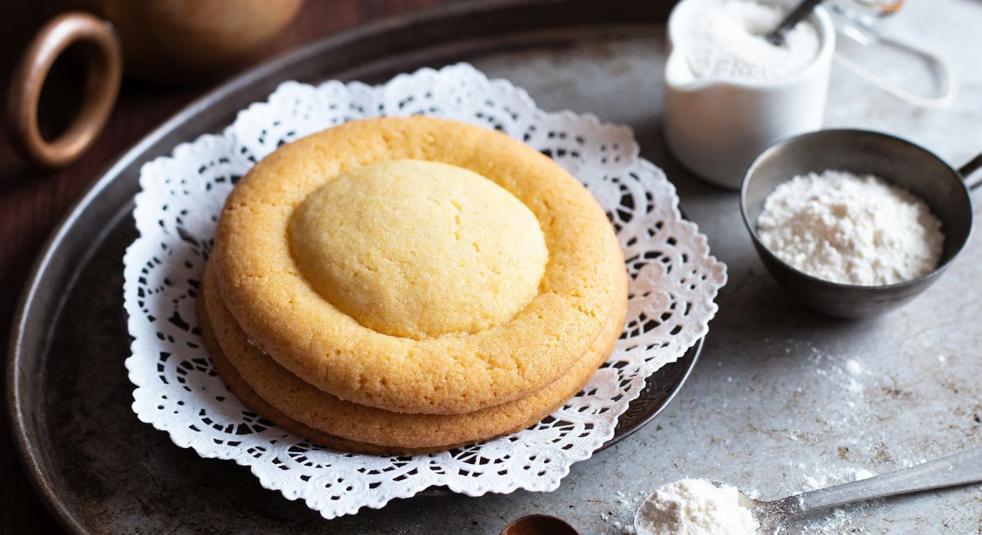 A golden-brown, buttery Paris Güzeli cookie resting on a lace-lined tray, with a small pile of flour and a measuring cup nearby, evoking warmth and tradition.