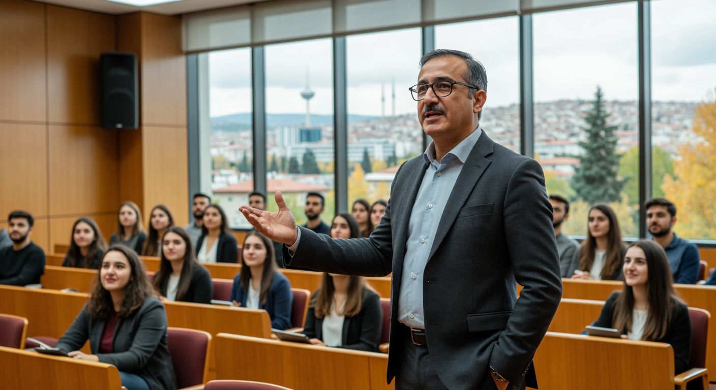 A middle-aged Turkish man in a professional suit stands confidently in a university lecture hall, gesturing toward a diverse group of engaged students while holding a press release, with Ankara’s skyline visible through the window.