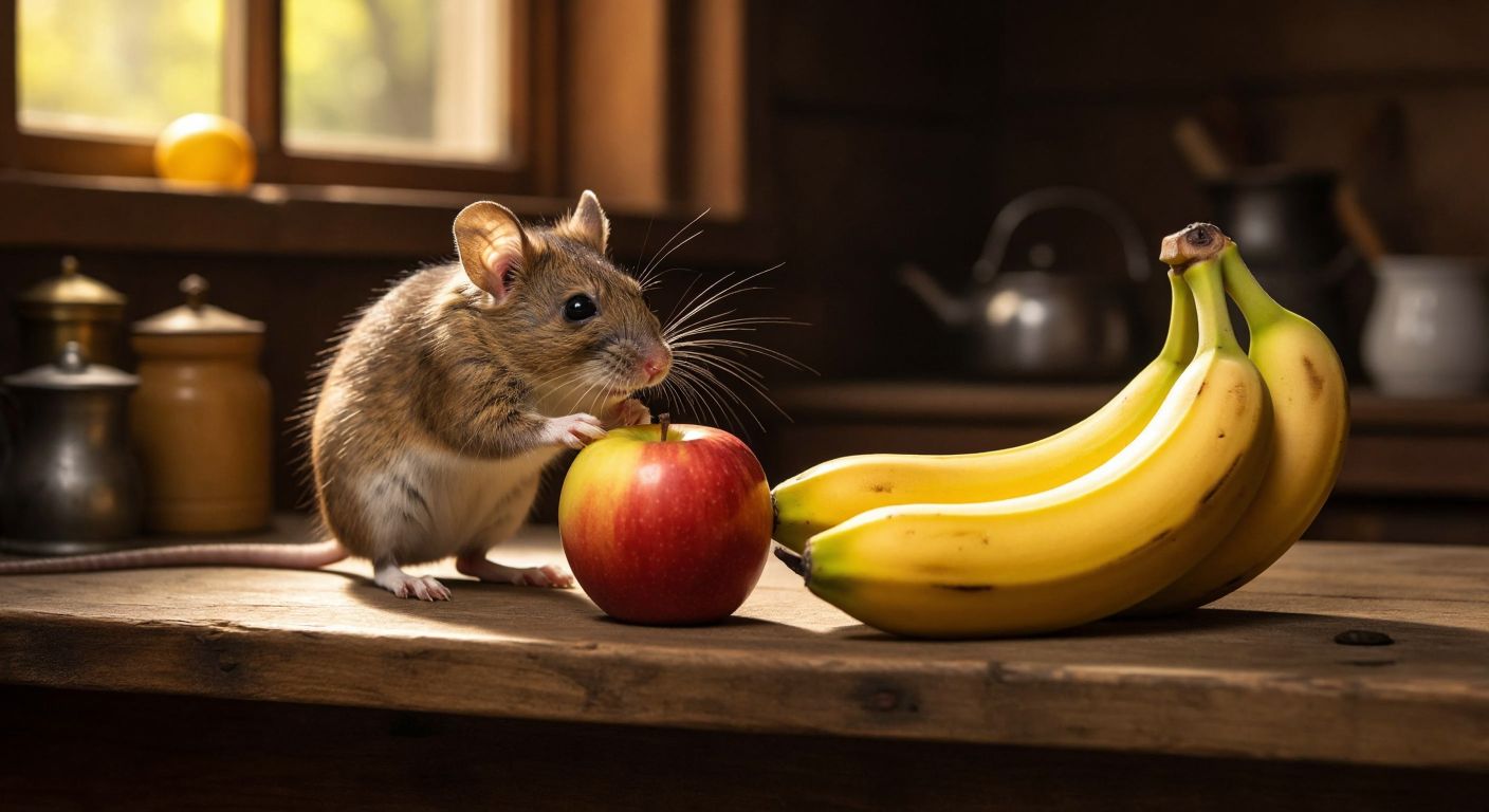 A small brown mouse with twitching whiskers sniffing eagerly at a ripe yellow banana and a red apple placed on a rustic wooden table in a sunlit Turkish kitchen.