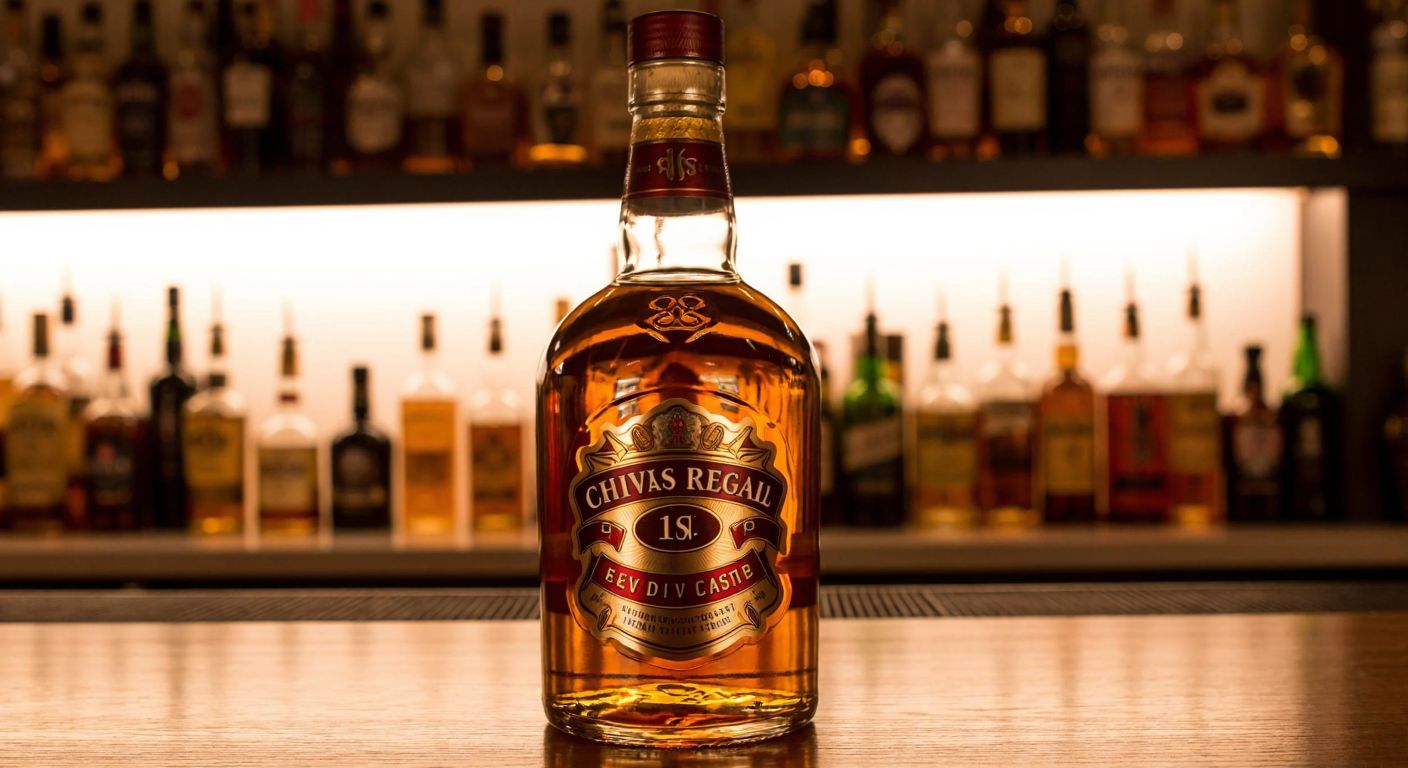 A towering, amber-filled glass bottle of Chivas Regal stands prominently on a wooden bar counter, dwarfing smaller liquor bottles around it, with warm lighting reflecting off its smooth surface.