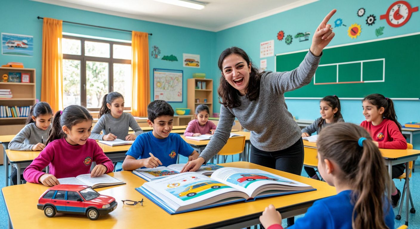 A colorful classroom in Turkey with students eagerly flipping through their 6th-grade science textbooks, one pointing excitedly at a page while a teacher smiles nearby, surrounded by illustrations of vehicles, speedometers, and athletes running on a track.