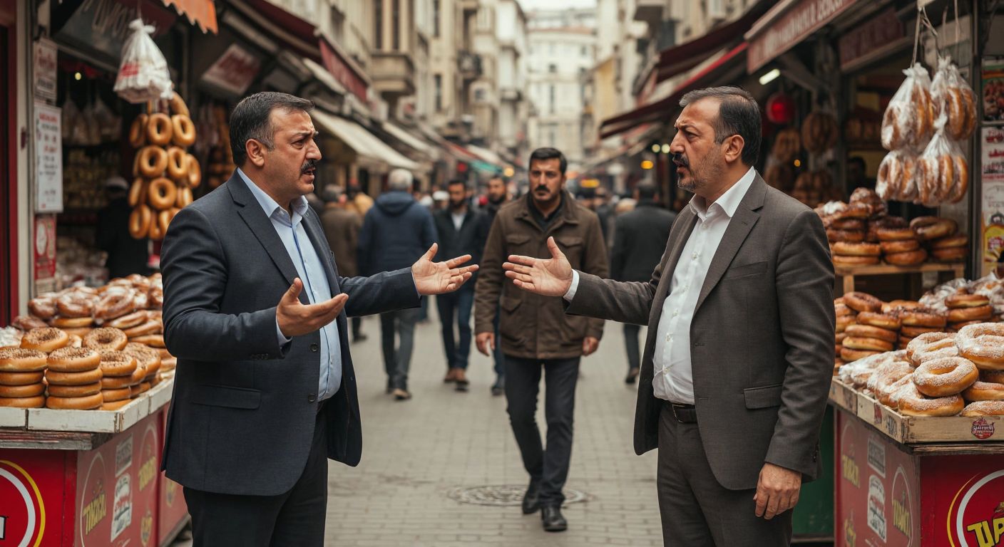 A heated debate between two Turkish men in formal attire, one gesturing emphatically while the other listens sternly, set against a backdrop of a bustling Ankara street with vendors selling simit in the background.