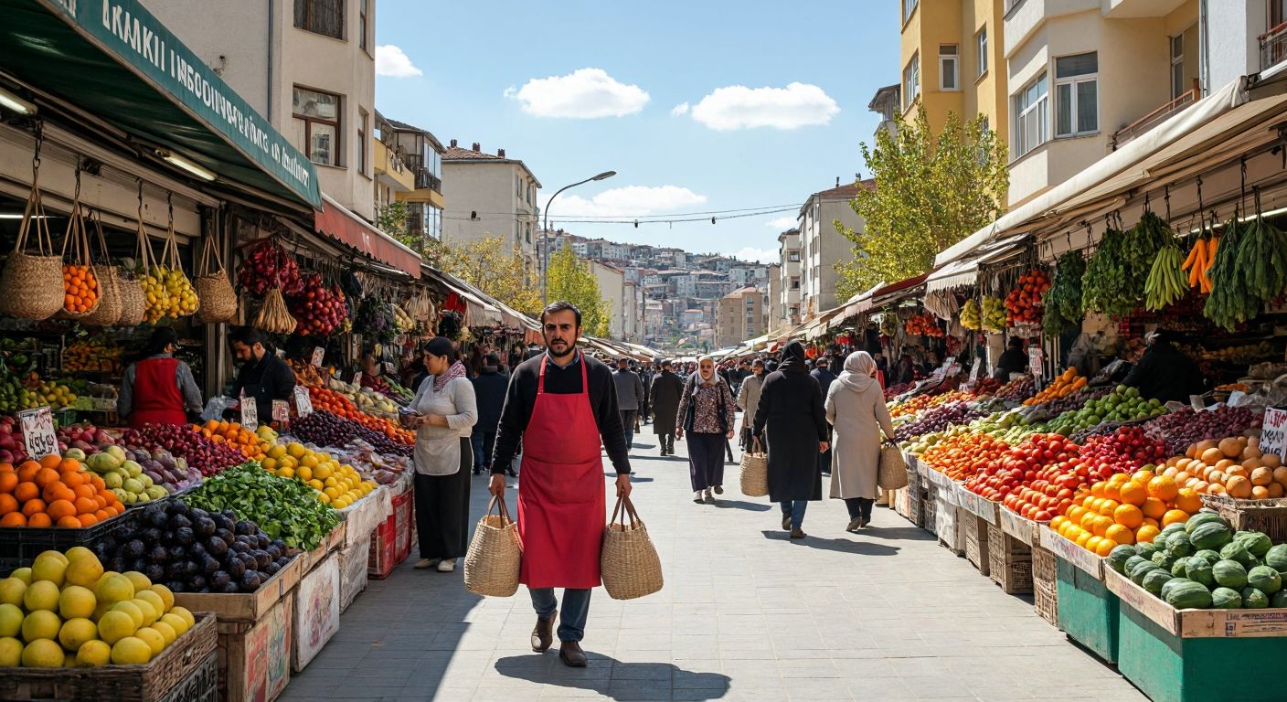 A bustling open-air market in Keçiören with colorful stalls piled high with fresh fruits, vegetables, and spices, vendors in aprons calling out to customers, and shoppers carrying woven bags under a bright Ankara sky.