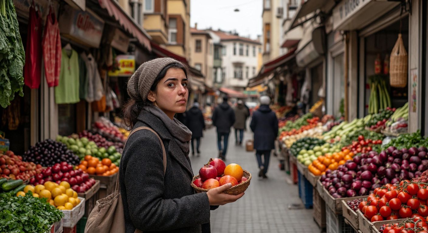 A person in a Turkish neighborhood holding fresh fruits and vegetables, looking curiously down a bustling street lined with small shops and colorful produce stands.