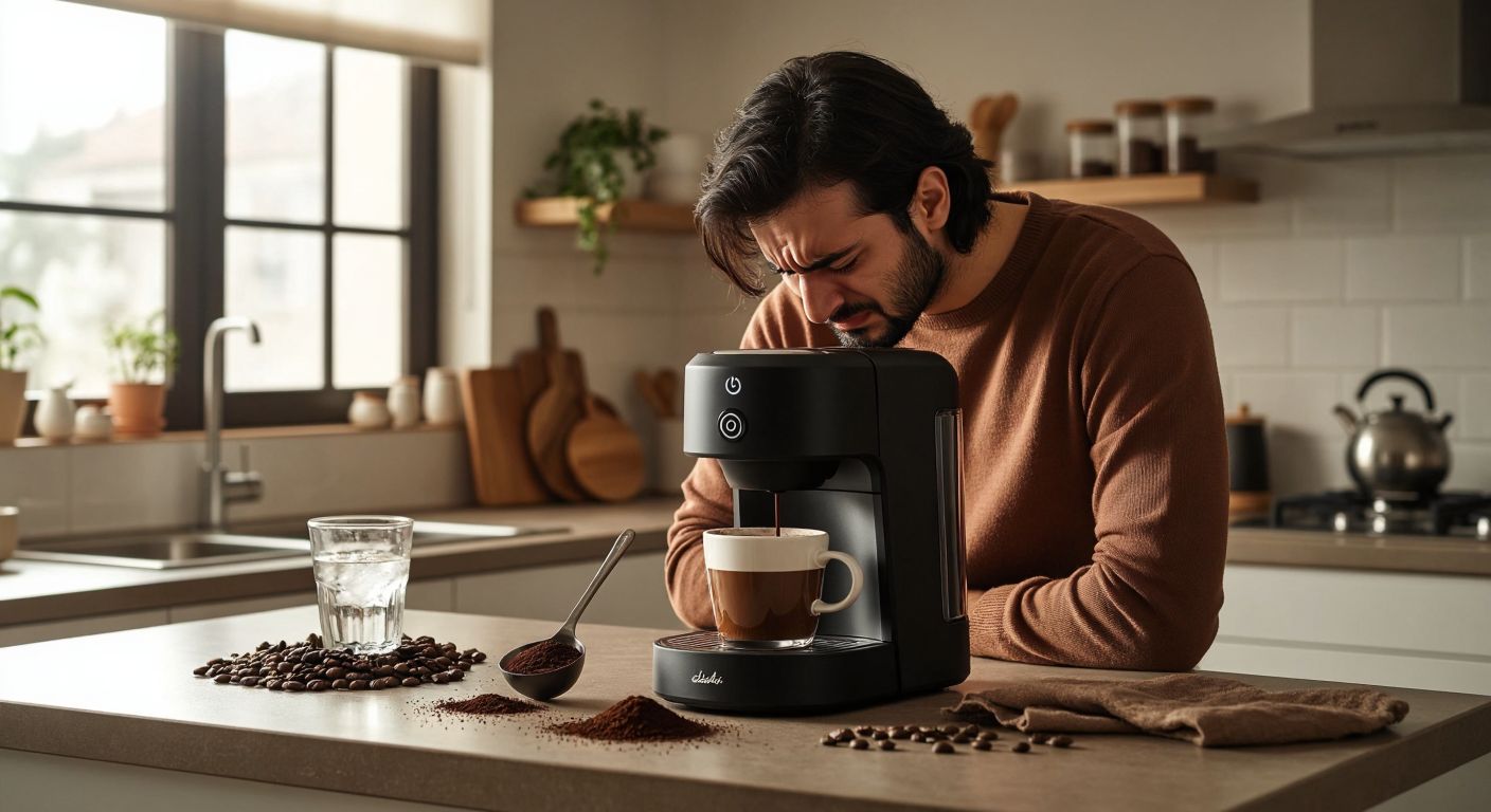 A frustrated Turkish person in a cozy kitchen frowns at an Arzum Okka coffee machine producing a flat, foamless cup of coffee, surrounded by scattered coffee grounds, a measuring spoon, and a glass of cold water.