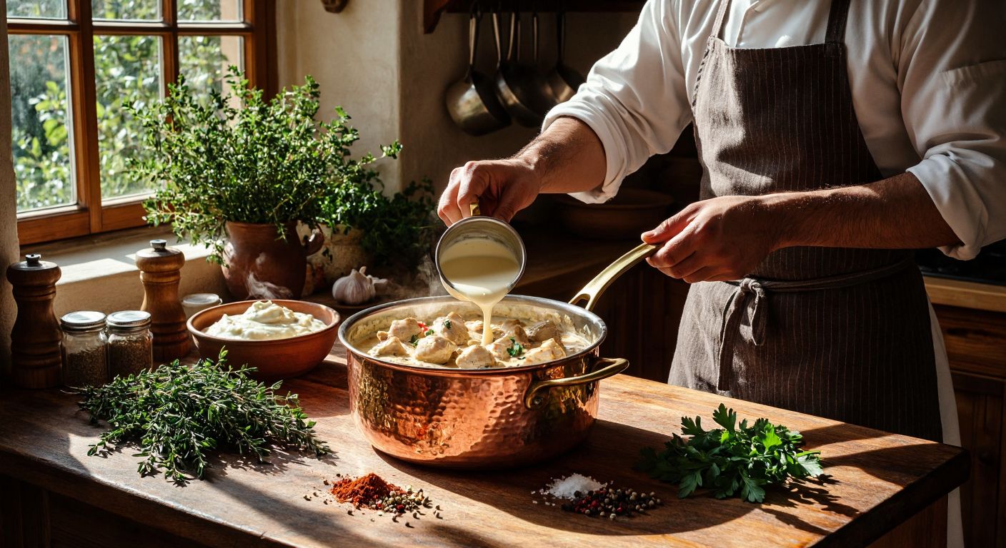 A Turkish cook in a sunlit kitchen stirs a creamy chicken sauce in a copper pot, hesitating as they hold a small pitcher of milk, with fresh herbs and spices scattered on a wooden counter nearby.