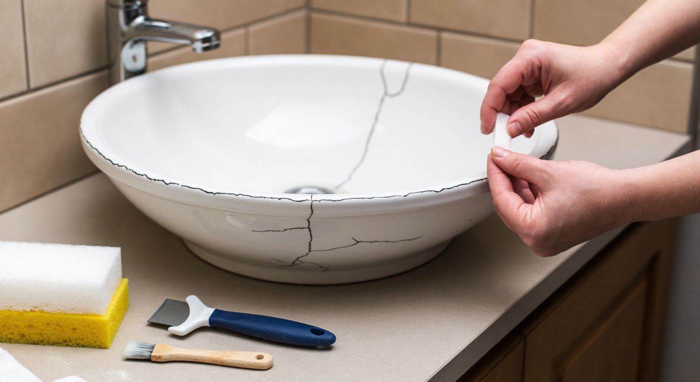 A close-up of a pair of hands carefully applying white repair paste to a cracked ceramic sink in a Turkish bathroom, with a sponge, sandpaper, and a spatula neatly arranged on a tiled counter nearby.